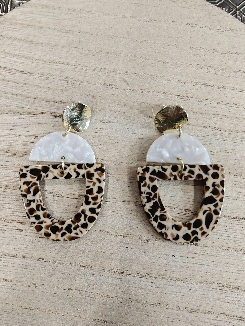 Leopard Pattern Resin Drop Earrings with Pearl Accent - Brown/White
